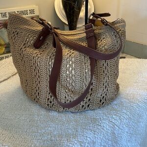 SAK~ tan ~ crochet ~ handbag~ leather straps~ large - pre-loved